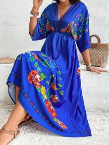 SHEIN Holidaya Talla grande Vestido con estampado floral de manga murciélago - azul real - Ver 7