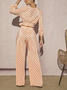 Hauture 波浪包覆式上衣與寬腳褲套裝 - 橘色 - 查看 2