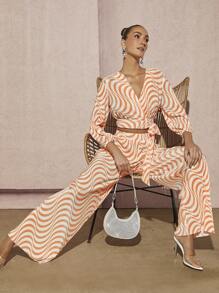 Hauture 波浪包覆式上衣與寬腳褲套裝 - 橘色 - 查看 6