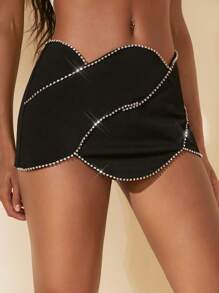 SHEIN BAE 水鑽邊貝殼邊裙裤 - 黑色 - 查看 5