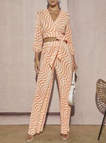 Hauture 波浪包覆式上衣與寬腳褲套裝 - 橘色 - 查看 4