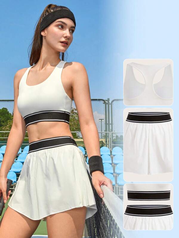 CourtClass CourtClass Striped Trim Sports Bra & Skort,Women Tennis Outfit