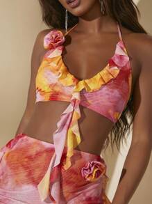 SHEIN BAE 紮染荷葉邊繞頸短上衣&荷葉邊半身裙 - 彩色 - 查看 5