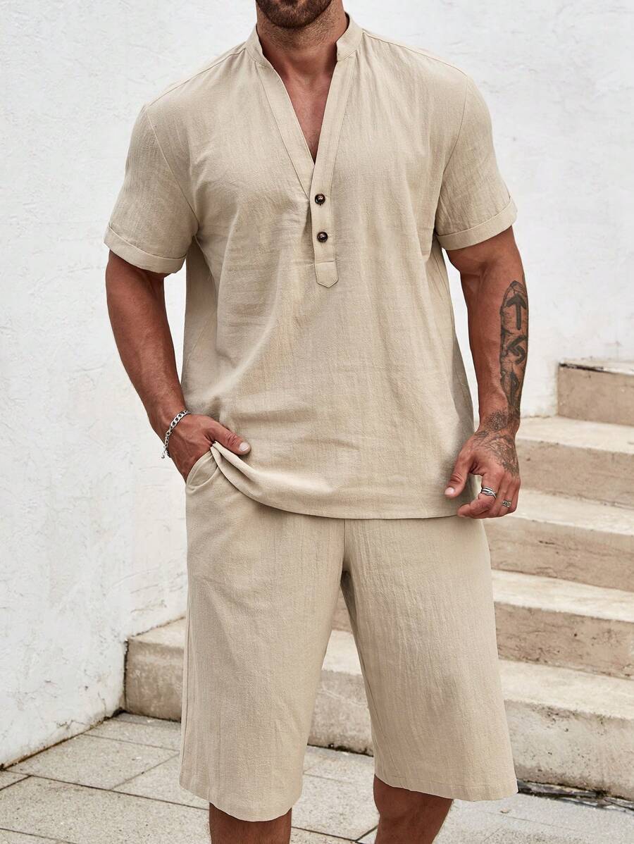 Manfinity Homme Men Half Button Shirt & Drawstring Waist Shorts - Khaki - View 1