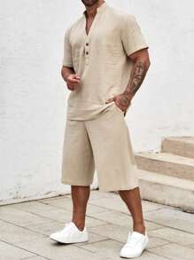 Manfinity Homme Men Half Button Shirt & Drawstring Waist Shorts - Khaki - View 3