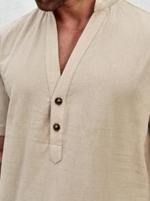 Manfinity Homme Men Half Button Shirt & Drawstring Waist Shorts - Khaki - View 4