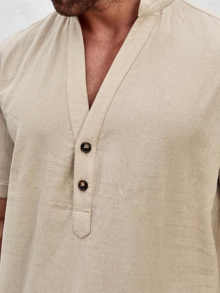 Manfinity Homme 男士半扣短袖襯衫&束口腰帶短褲 - 卡其色 - 查看 4