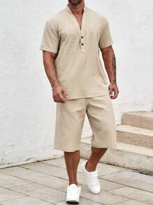 Manfinity Homme Men Half Button Shirt & Drawstring Waist Shorts - Khaki - View 5