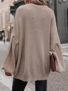 SHEIN LUNE Solid Batwing Sleeve Ribbed Knit Sweater,Long Sleeve Tops In Fall/Winter - Khaki - View 2