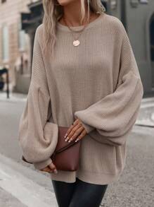SHEIN LUNE Solid Batwing Sleeve Ribbed Knit Sweater,Long Sleeve Tops In Fall/Winter - Khaki - View 4