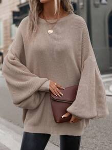 SHEIN LUNE Solid Batwing Sleeve Ribbed Knit Sweater,Long Sleeve Tops In Fall/Winter - Khaki - View 6