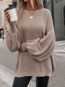SHEIN LUNE Solid Batwing Sleeve Ribbed Knit Sweater,Long Sleeve Tops In Fall/Winter - Khaki - View 7