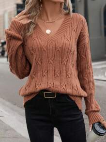 SHEIN LUNE Cable Knit Drop Shoulder Sweater - Rust Brown - View 1