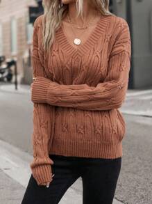 SHEIN LUNE Cable Knit Drop Shoulder Sweater - Rust Brown - View 4