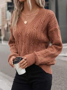 SHEIN LUNE Cable Knit Drop Shoulder Sweater - Rust Brown - View 7