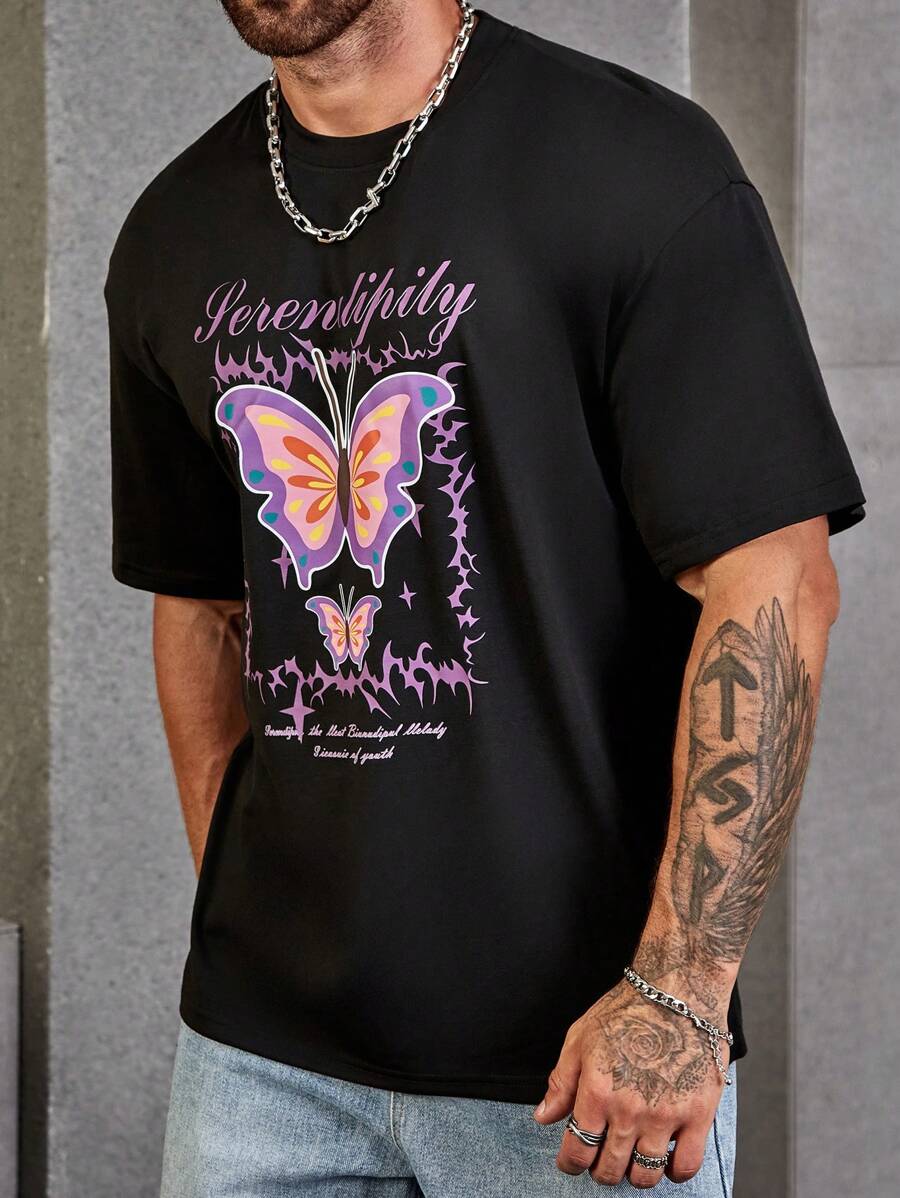 Manfinity 男士蝴蝶和標語圖案T恤 - 黑色 - 查看 1