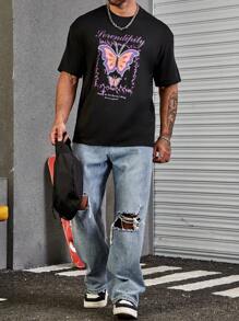 Manfinity 男士蝴蝶和標語圖案T恤 - 黑色 - 查看 2