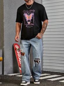 Manfinity 男士蝴蝶和標語圖案T恤 - 黑色 - 查看 3