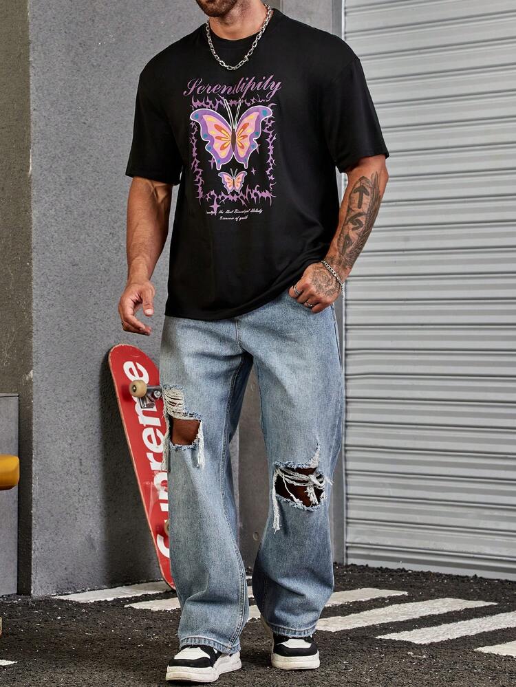 Manfinity Men Butterfly & Slogan Graphic Tee - Black - View 3