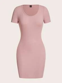 SHEIN BASICS Chất rắn Scoop Cổ Váy bodycon - Bụi hồng - Xem 1