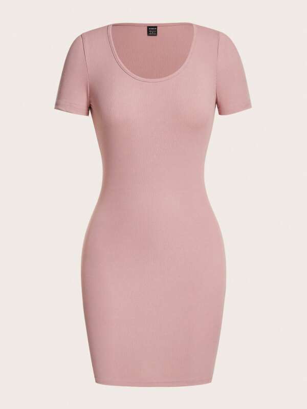 SHEIN BASICS 素色大圓領緊身連衣裙