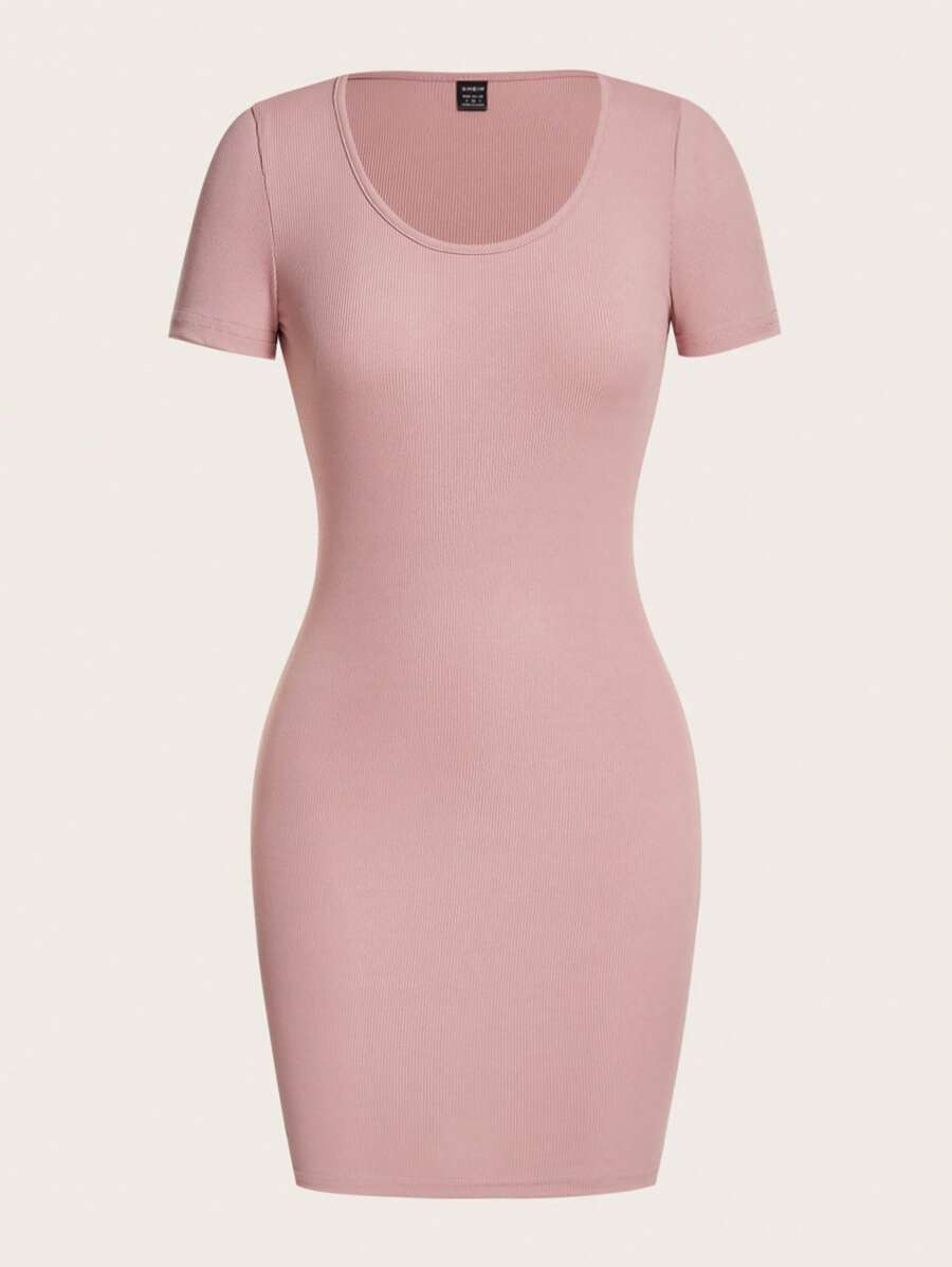 SHEIN BASICS Chất rắn Scoop Cổ Váy bodycon - Bụi hồng - Xem 1