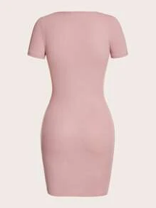 SHEIN BASICS Chất rắn Scoop Cổ Váy bodycon - Bụi hồng - Xem 2
