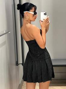 SHEIN ICON Striped Print Buckle Detail Pleated Hem Tube Dress - Black - View 2