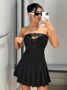 SHEIN ICON Striped Print Buckle Detail Pleated Hem Tube Dress - Black - View 5