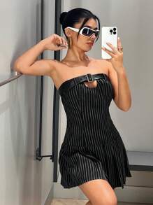SHEIN ICON Striped Print Buckle Detail Pleated Hem Tube Dress - Black - View 4