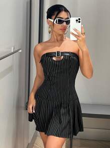 SHEIN ICON Striped Print Buckle Detail Pleated Hem Tube Dress - Black - View 3