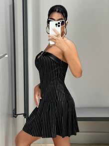 SHEIN ICON Striped Print Buckle Detail Pleated Hem Tube Dress - Black - View 6