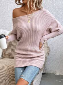 SHEIN LUNE 不对称领口蝙蝠袖毛衣、长袖上衣 - 淺粉色 - 查看 1