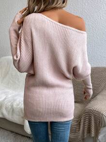 SHEIN LUNE 不对称领口蝙蝠袖毛衣、长袖上衣 - 淺粉色 - 查看 2