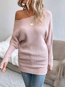 SHEIN LUNE 不对称领口蝙蝠袖毛衣、长袖上衣 - 淺粉色 - 查看 3