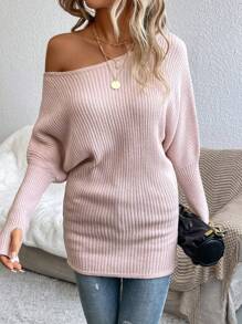 SHEIN LUNE 不对称领口蝙蝠袖毛衣、长袖上衣 - 淺粉色 - 查看 4