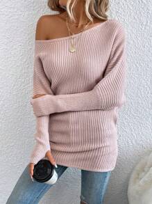 SHEIN LUNE 不对称领口蝙蝠袖毛衣、长袖上衣 - 淺粉色 - 查看 6