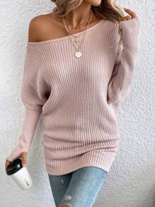 SHEIN LUNE 不对称领口蝙蝠袖毛衣、长袖上衣 - 淺粉色 - 查看 7