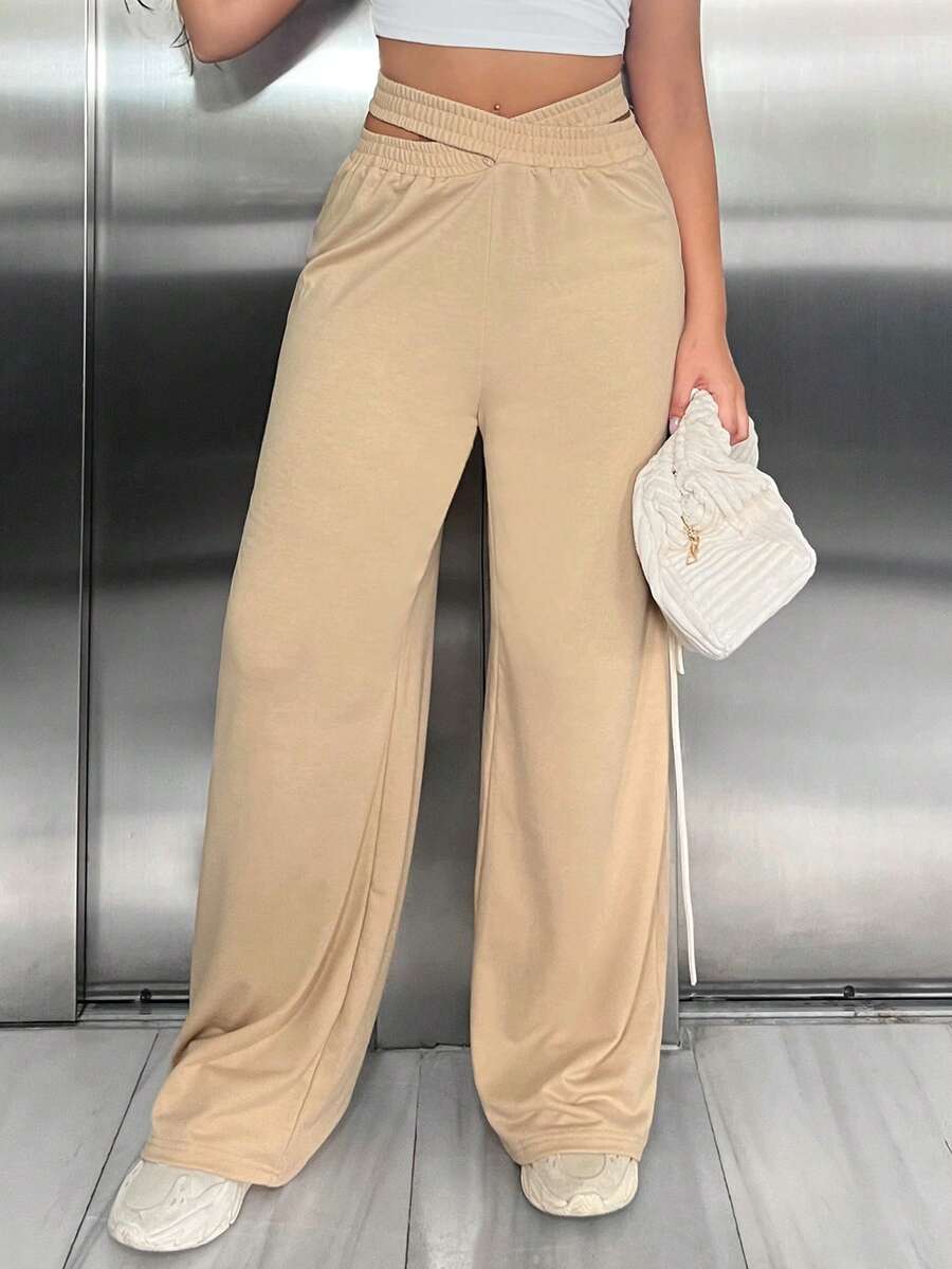 SHEIN SXY Chất rắn Eo chéo Criss Quần ống rộng - Màu Khaki - Xem 1