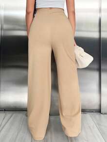 SHEIN SXY Chất rắn Eo chéo Criss Quần ống rộng - Màu Khaki - Xem 2