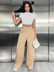 SHEIN SXY Chất rắn Eo chéo Criss Quần ống rộng - Màu Khaki - Xem 3