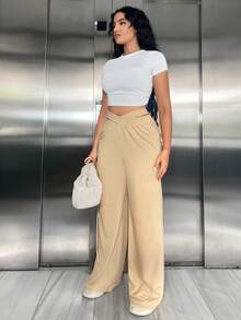 SHEIN SXY Chất rắn Eo chéo Criss Quần ống rộng - Màu Khaki - Xem 4