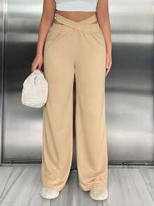 SHEIN SXY Chất rắn Eo chéo Criss Quần ống rộng - Màu Khaki - Xem 5