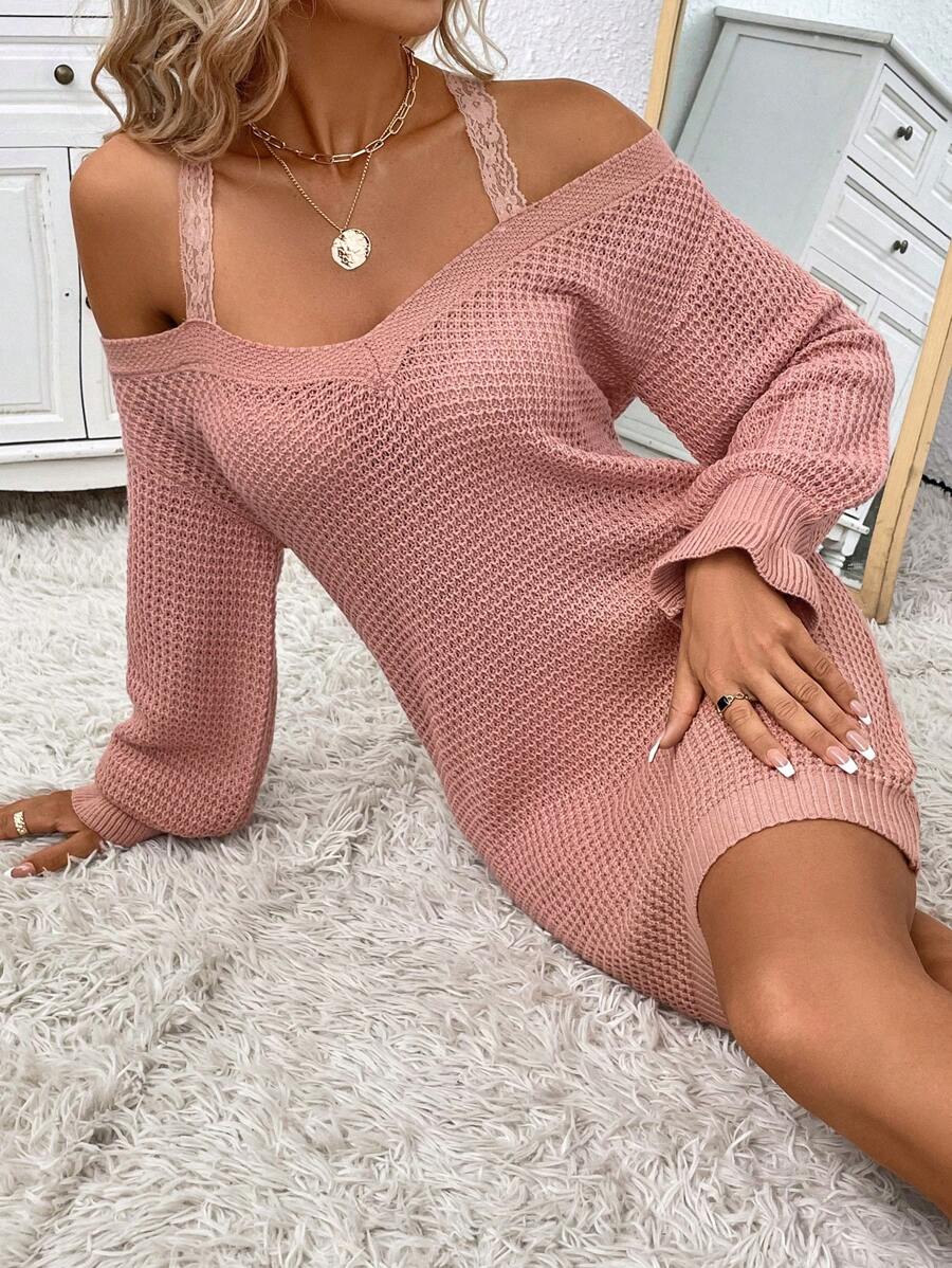 SHEIN LUNE Cold Shoulder Lace Strap Sweater Dress - Dusty Pink - View 1