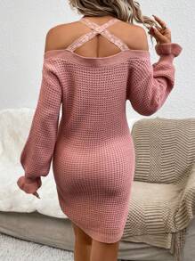 SHEIN LUNE Cold Shoulder Lace Strap Sweater Dress - Dusty Pink - View 2
