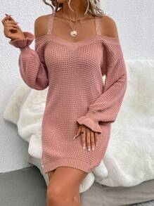 SHEIN LUNE Cold Shoulder Lace Strap Sweater Dress - Dusty Pink - View 7