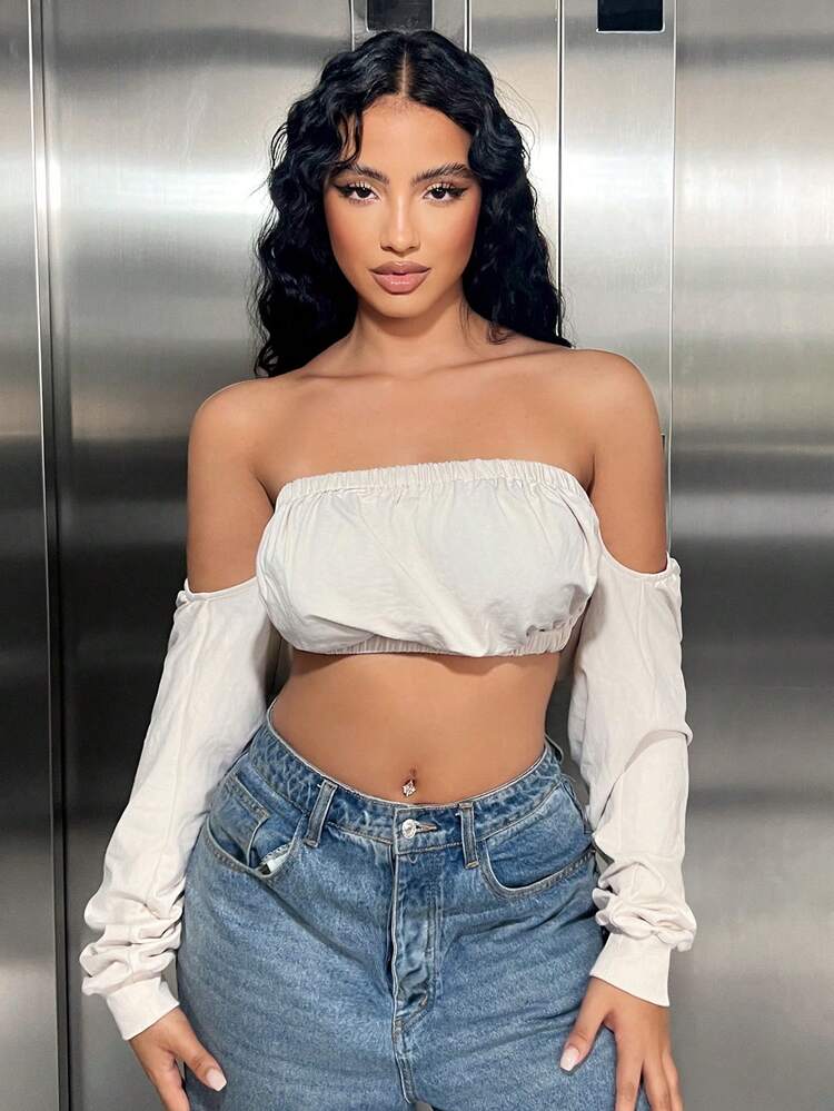 SHEIN SXY Off Shoulder Crop Sweatshirt - Apricot - View 4