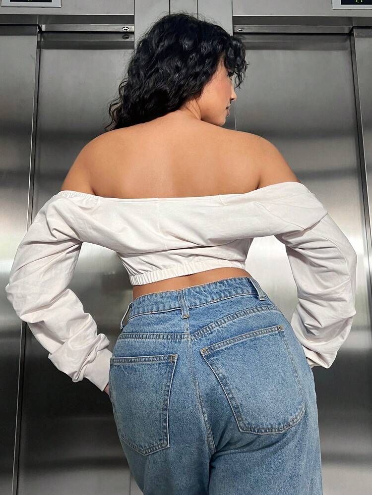 SHEIN SXY Off Shoulder Crop Sweatshirt - Apricot - View 2