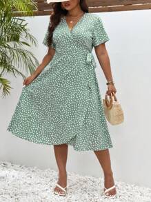 SHEIN Frenchy Plus Allover Print Knot Side Wrap Dress - Green - View 5