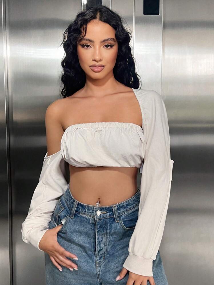 SHEIN SXY Off Shoulder Crop Sweatshirt - Apricot - View 1